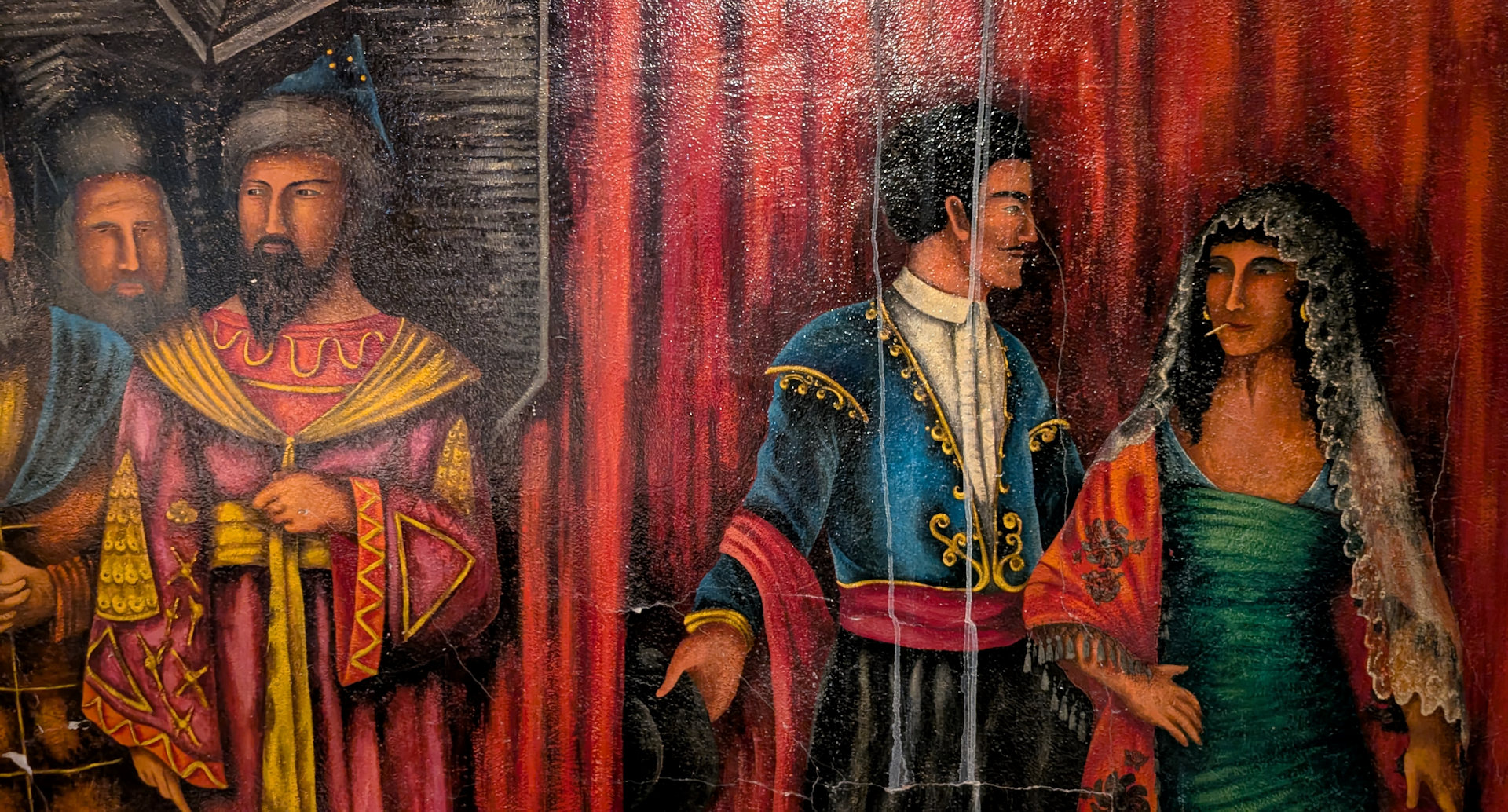 Wandbild in der Amargosa Oper mit Adligen, Hofdamen und Prinzen 