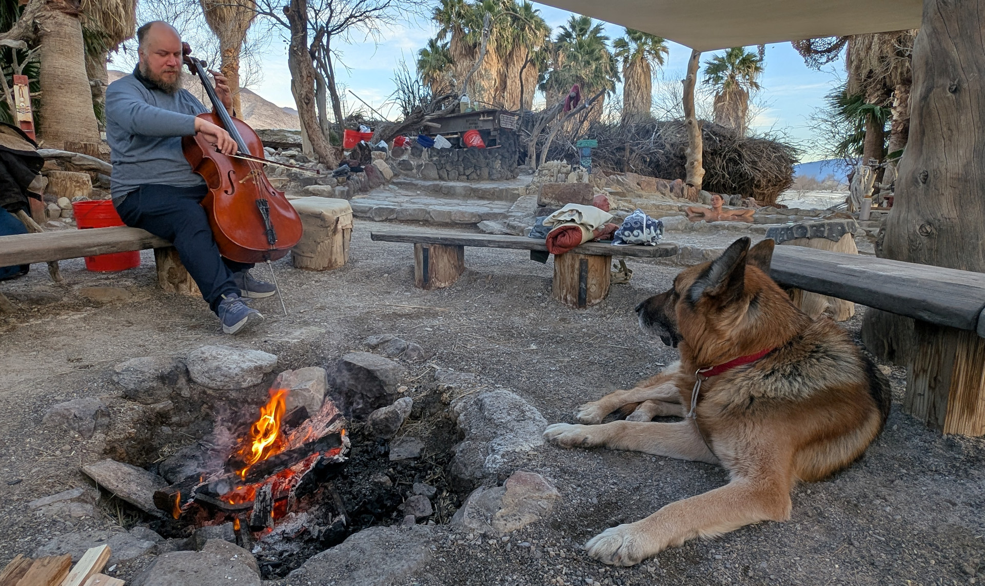 Geige spielender Musiker an einem Lagerfeuer mit Schäferhund in den Saline Warm Springs Death Valley