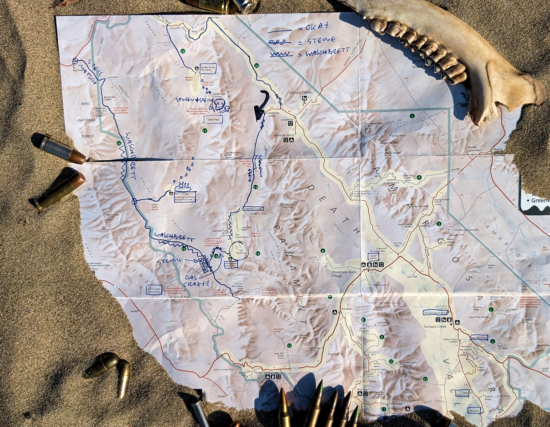 Handschriftlich ergänzte Karte Nord Death Valley