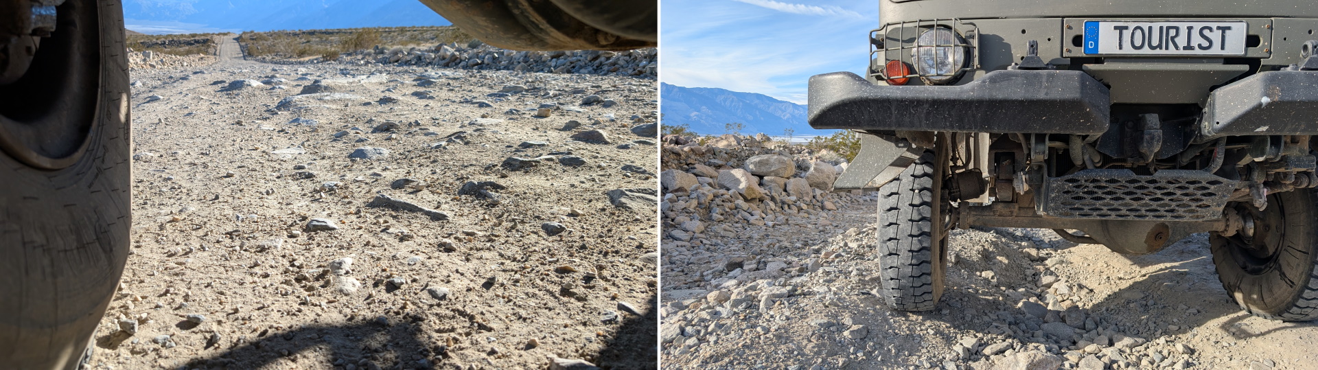 Zwei Fotos steiniger Pisten im Death Valley