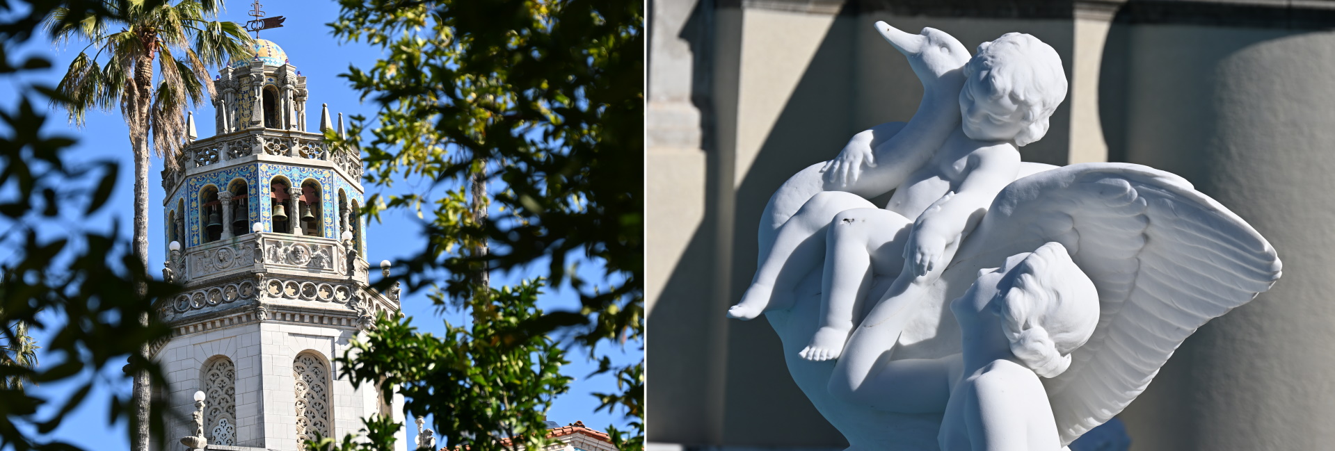 Turm und Detail Aufnahme von einem Engel mit Schwan im William Hearst Castel