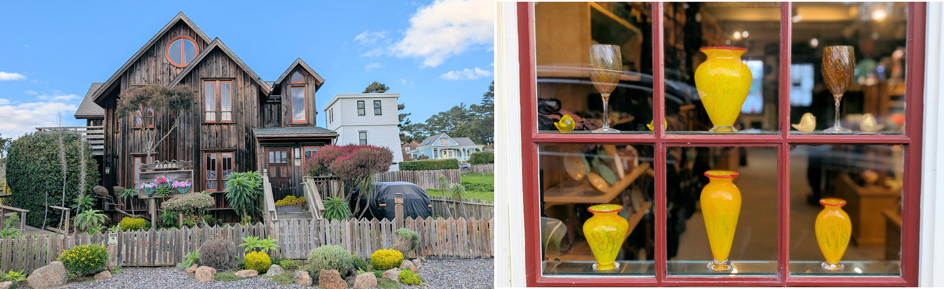 Ferienhaus in Mendocino und Fenster mit gelben Vasen