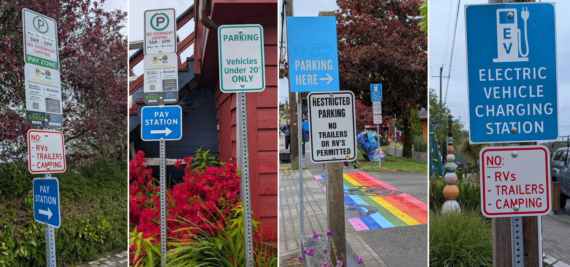 Collage aus Camping Verboten Schildern in Tofino