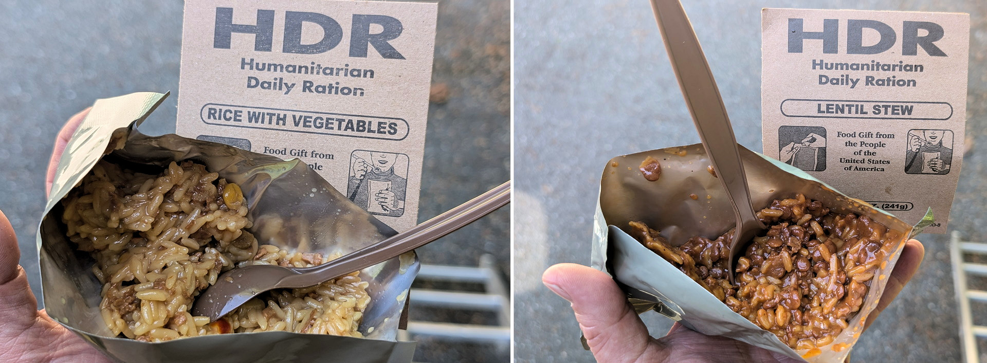 Die Gerichte Rice with Vegetables und Lentil Stew aus einer Humanitarian Daily Ration