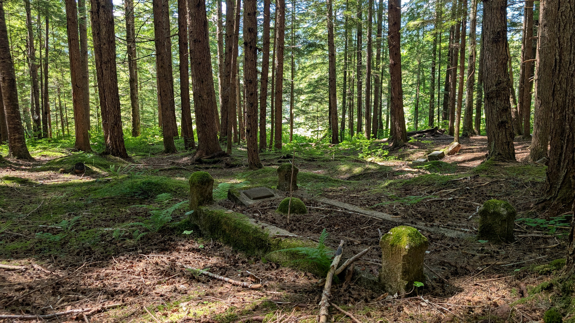 Grab auf dem Friedhof von Anyox mit vier kleinen Säulen und einer Kuppel die einen Helm andeutet, umgeben von sonnendurchfluteten Wald