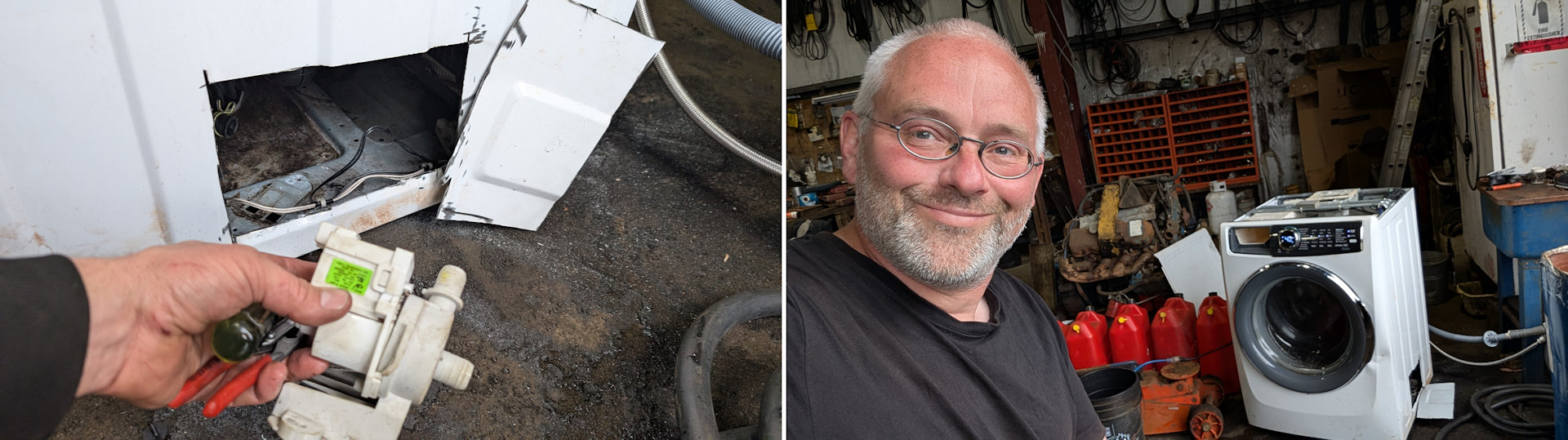 Hand hält Wasserpumpe vor aufgeschnittener Waschmaschine in der Hand und Portrait zufrieden schauender Chris vor reparierter Waschmaschine