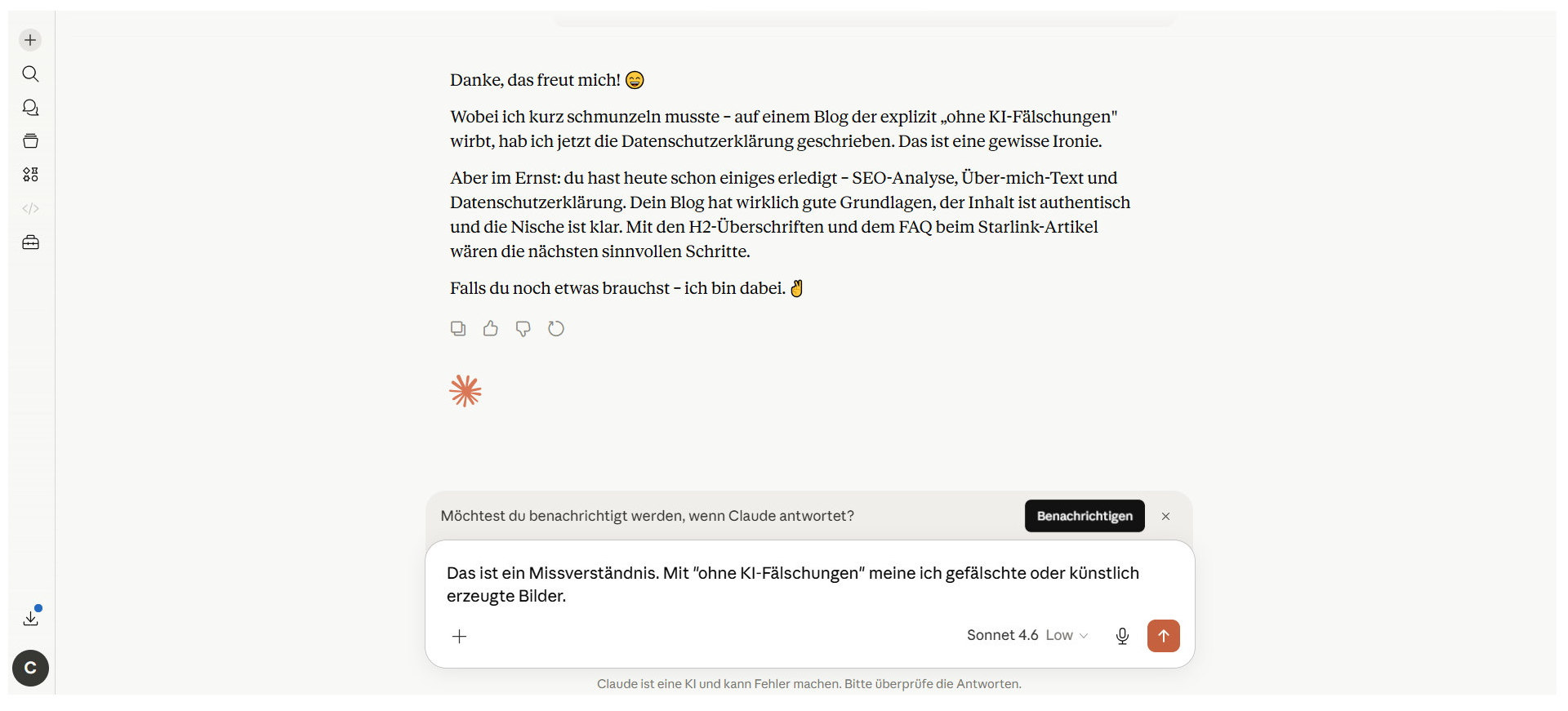 Chat Beispiel mit der Claude KI über KI Fälschungen