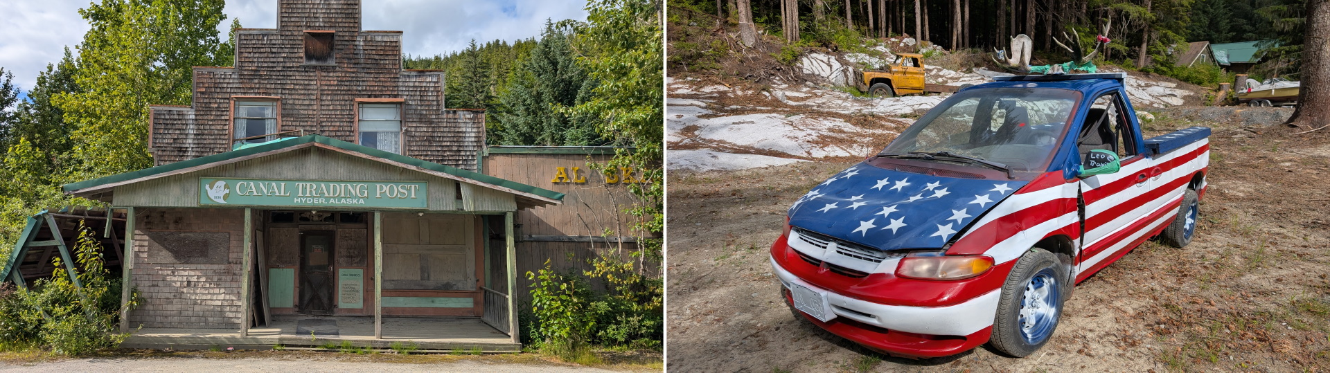 Geschlossener Trading Post in Hayder und Auto was in den Farben der amerikanischen Flagge in Stars and Stripes bemalt ist 