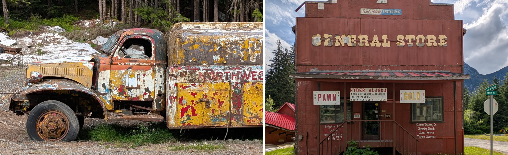 Altes Feuerwehrauto mit abblätternden Lack und General Store in Hyder 