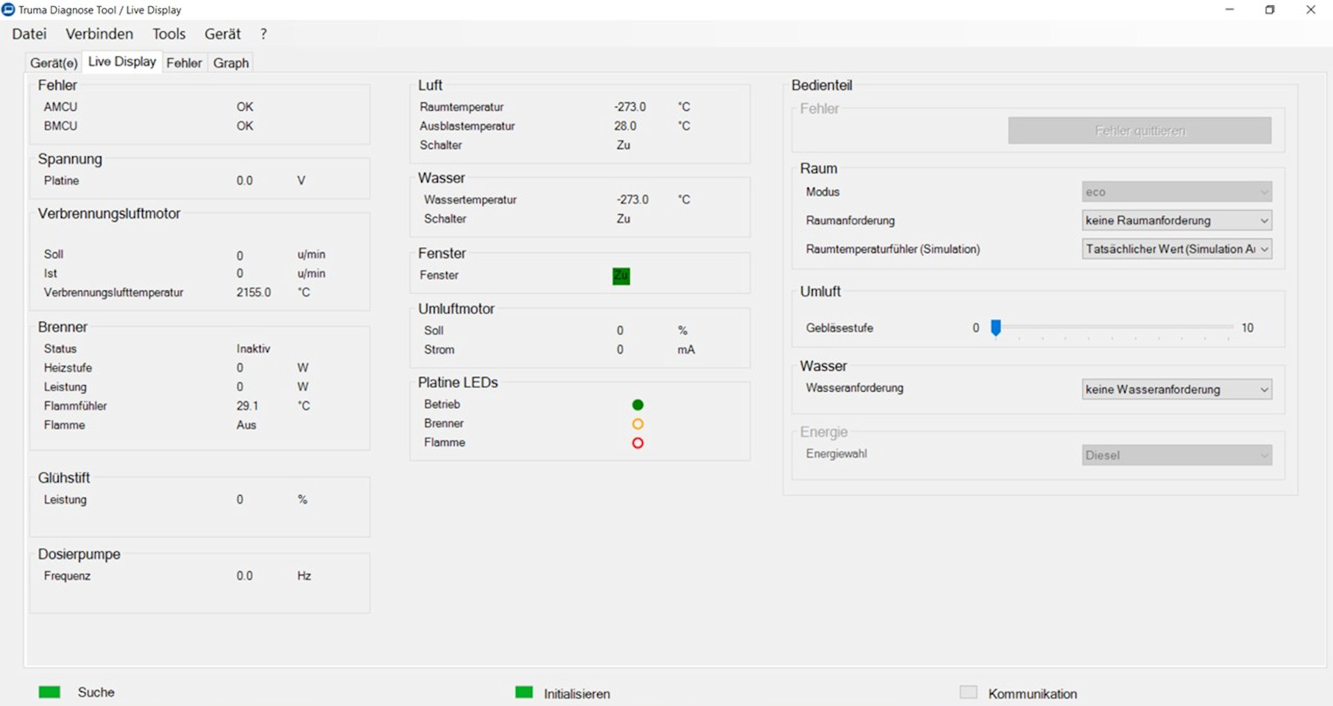 Bildschirmkopie vom Live Display der Truma Toolbox Software