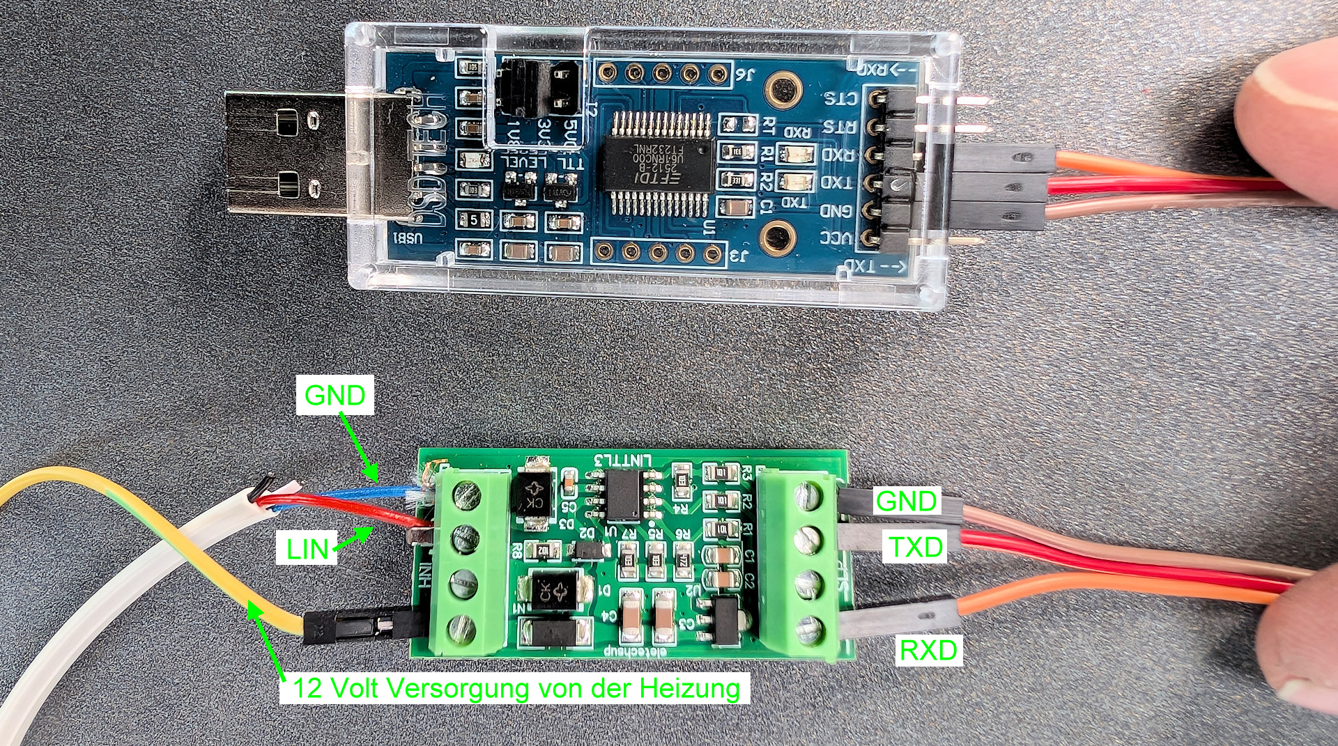 Adapter Kabel USB auf seriell TTL und eine Platine die TTL auf LIN wandelt um den Fehler E653H zu löschen