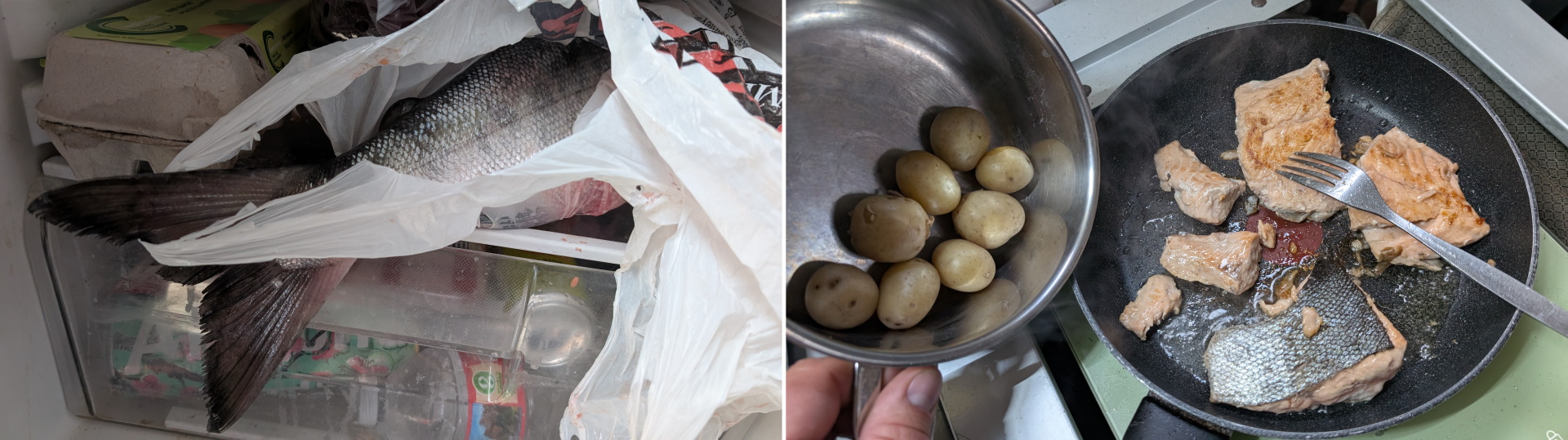 Fisch in einer Plastiktüte in einem Kühlschrank und Pfanne mit gebratenem Fisch mit Kartoffeln
