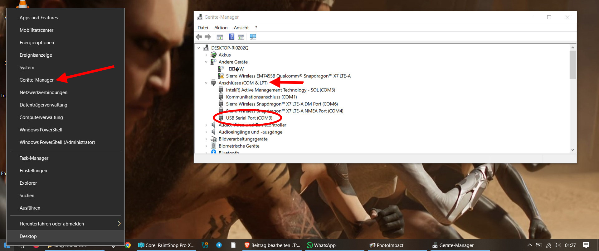 Bildschirmkopie Windows Gerätemanager in dem der COM Port ermittelt wird
