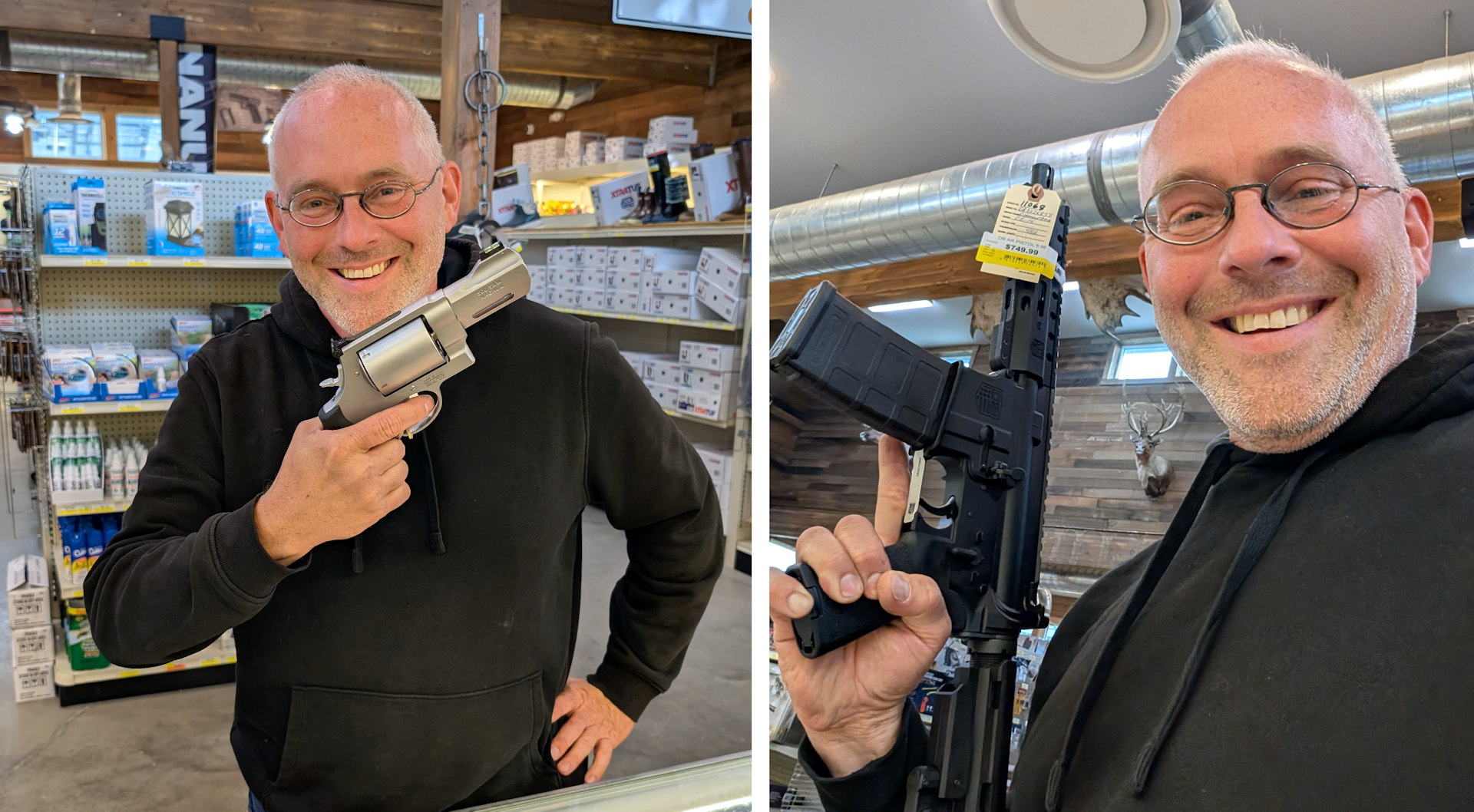 Lachender Chris posiert mit Waffen in einem US Waffengeschäft 