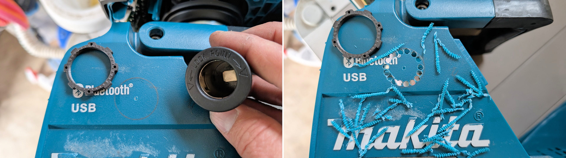 In eine Makita DMR202 Bluetooth Box wird seitlich ein 29mm Loch gesägt
