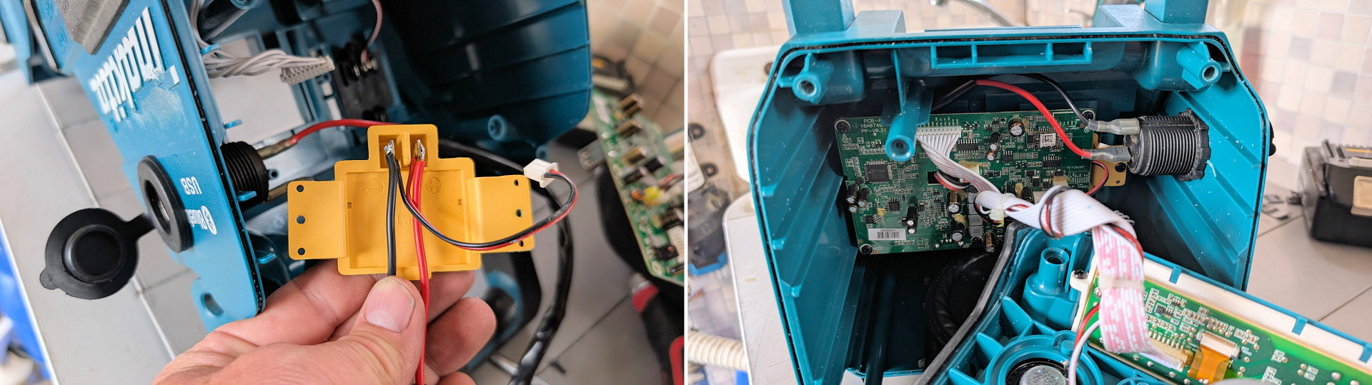 Geöffnete Makita DMR202 Bluetooth Box mit nachgerüsteter 12/24V Steckdose Dose