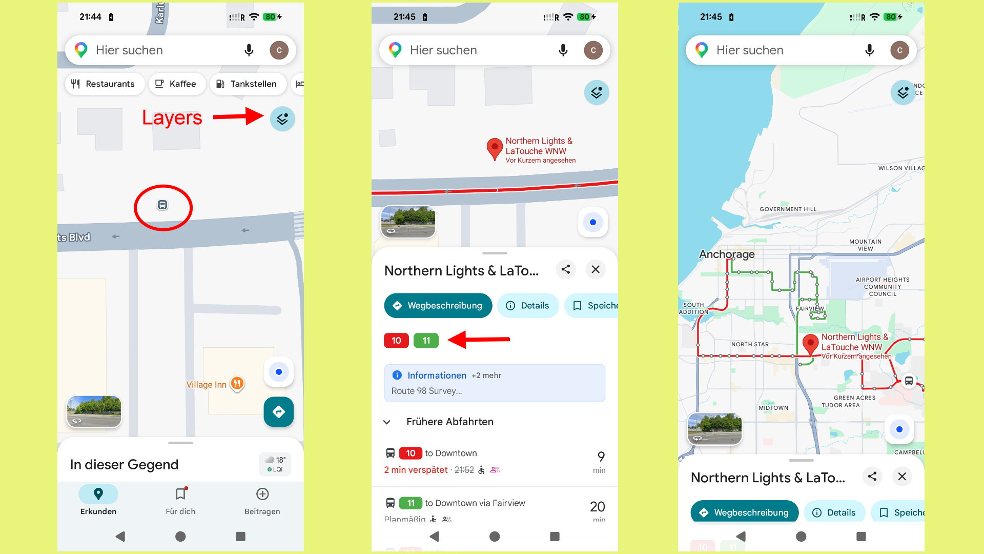 Grafik erklärt die Verwendung von Google Maps für die Suche nach öffentlichen Verkehrsmitteln und Bus Haltestellen
