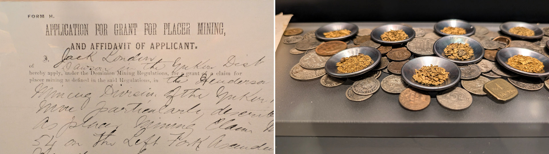 Kopie von Claim Dokumenten mit der Unterschrift von Jack London und kleine Pfannen mit Goldnuggets