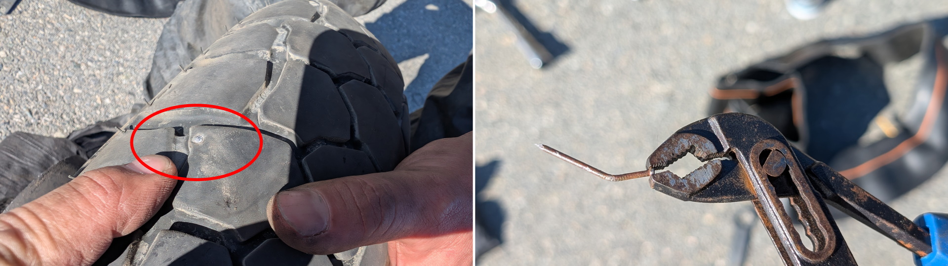 Links Nagel in einem Reifen der mit einem roten Kreis markiert ist. Rechts eine Zange die einen rostigen Nagel festhält