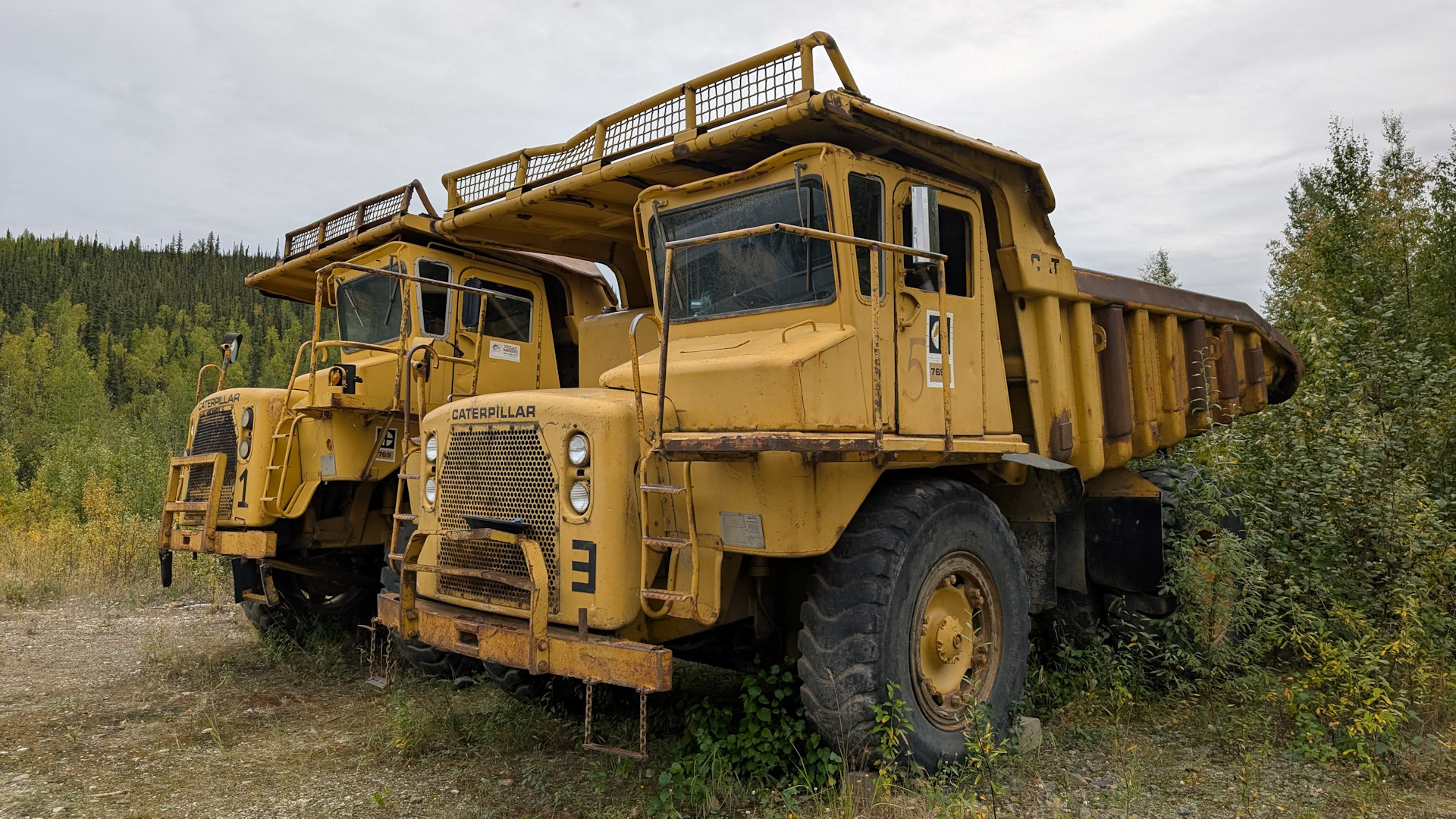 Zwei ausgediente, gelbe Caterpillar Muldenkipper 