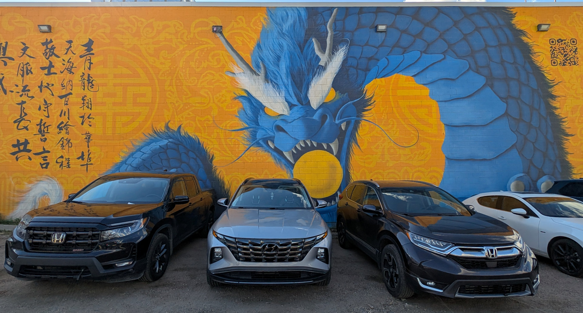 Graffiti mit blauem Drache vor gelben Hintergrund Chinatown Edmonton 