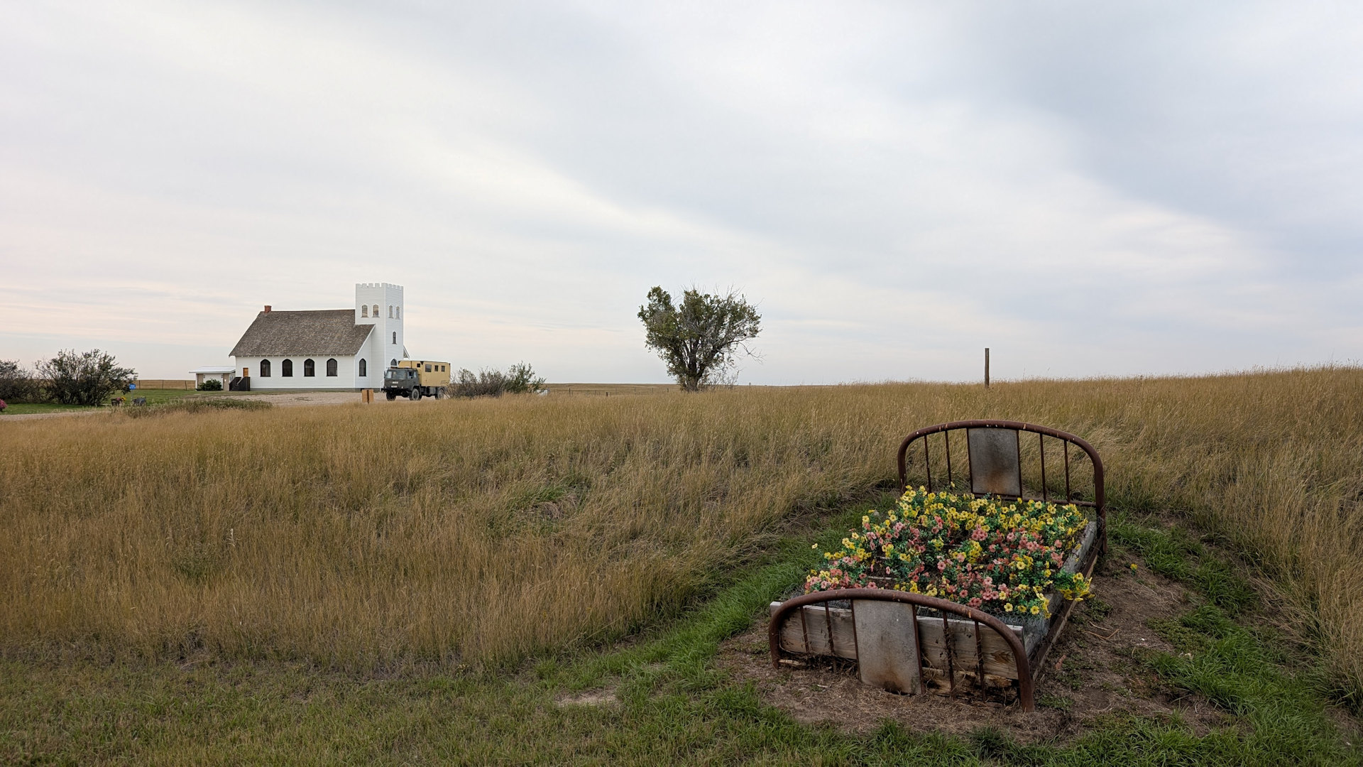 Rostiges Bett mit Kunstblumen in einem Feld bei Retlaw 