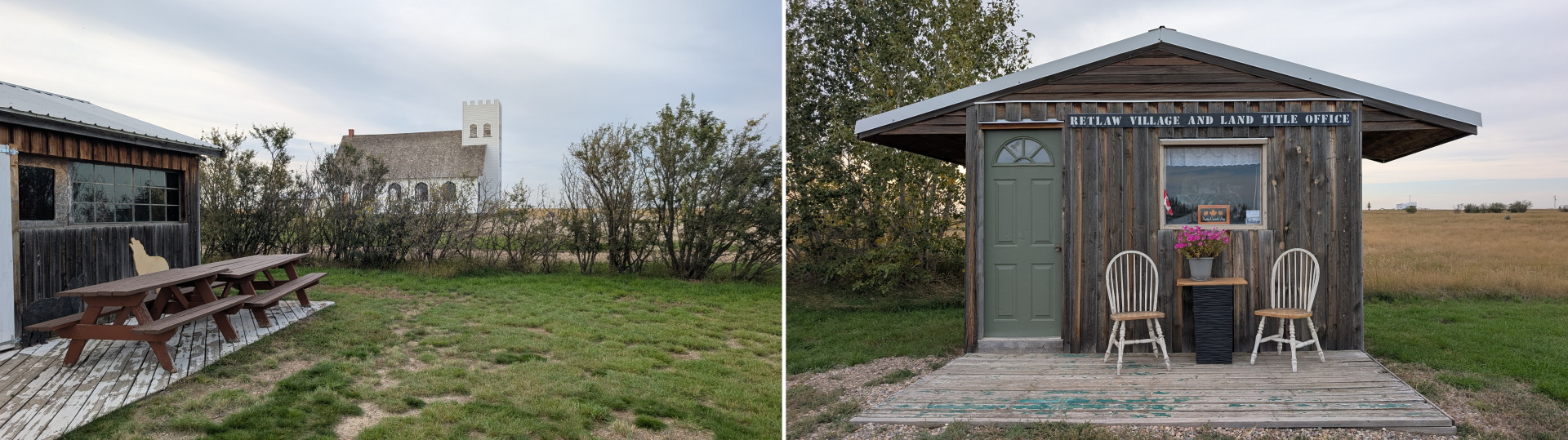 Zwei Bilder von zwei kleinen Hütten in Retlaw die einen Versammlungsraum beherbergen und eine kleine Ausstellung über die Geschichte der Stadt
