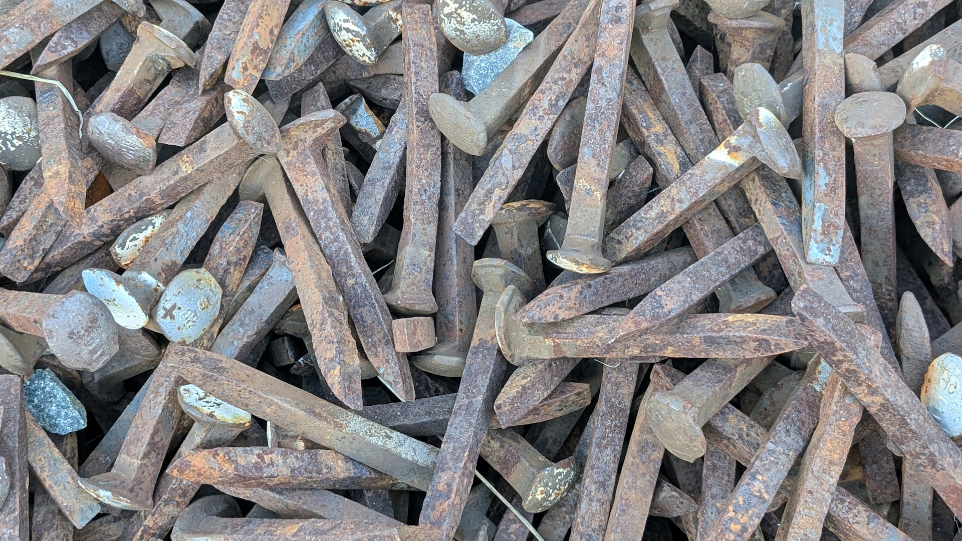 Rostige Nägel zum befestigen von Bahnschienen auf Holzschwellen